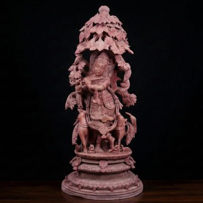 4 feet pink stone Krishna statue handcrafted by Odisha artisans
