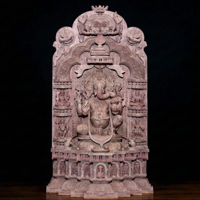 2 feet pink stone Ganesh statue with arch handcrafted by Odisha artisans