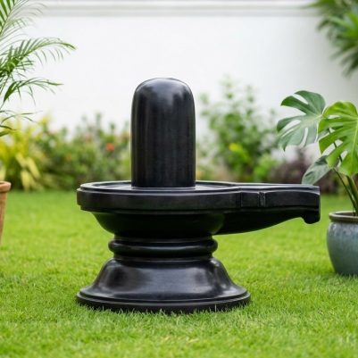 Front view of a black stone statue on grass, featuring a 24 Inch Black Stone Shiva Linga Idol – Medium Size.