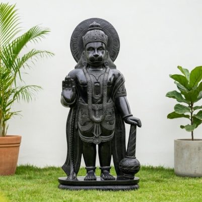 A standing figure with a raised hand and holding a pot, 48 Inch Black Stone Large Hanuman Statue.