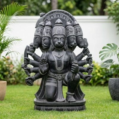 Front view of a detailed idol with multiple faces, 36 Inch Black Stone Panchamukhi Hanuman Idol.