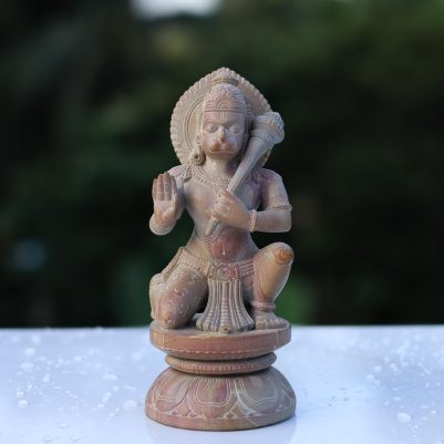Handcrafted pink stone Hanuman murti in blessing position – 8 inch