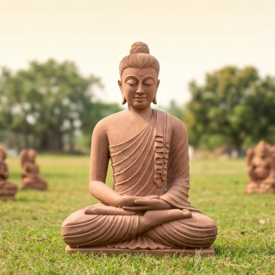 Handcrafted 42-inch natural sandstone Buddha statue with serene expression and detailed carving