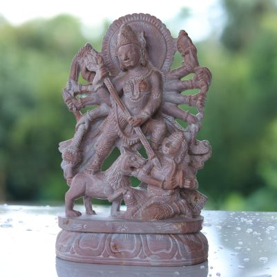 Handcrafted 8 inch Pink Stone Durga Murti slaying Mahisasura