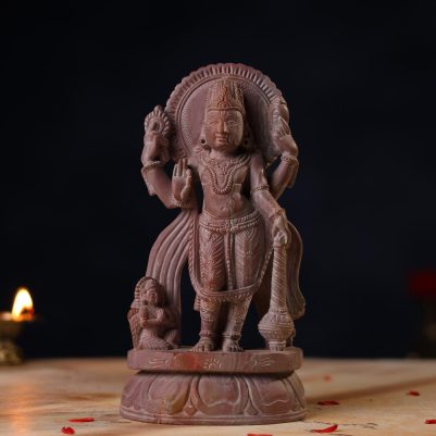 Front view of 8 inch Pink Stone Lord Vishnu idol standing statue, handcrafted in stone