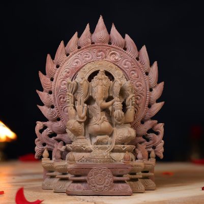 8 inch pink stone Ganesh idol sitting on a beautifully carved throne, handcrafted with fine detailing