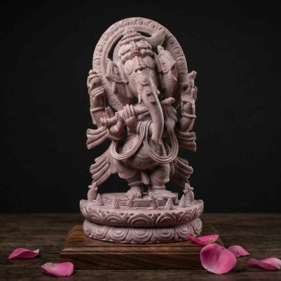 8 inch pink stone standing ganesh statue holding flute handcrafted
