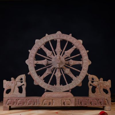 Front view of 15 inch Pink Stone Konark Chakra handcrafted replica of Sun Temple Odisha