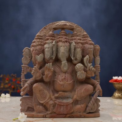 Front view of Pink Stone Panchmukhi Ganesh Idol handcrafted with fine detailing