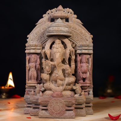 Stone Ganesh idol sitting on simhasan with Nandi and Bhringi, 12 inches handcrafted