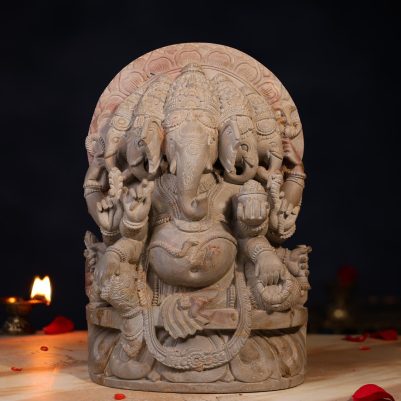 Handcrafted Stone Panchmukhi Ganesh Idol front view, 1 feet tall, intricately carved spiritual murti.